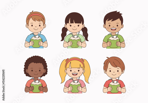 Flat Illustration Diverse Children Enjoying Fresh Coconut Drink Collection