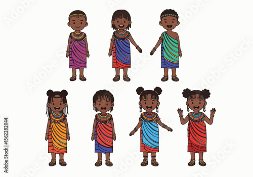 Cartoon Style Various Maasai People Wearing Traditional Outfit Illustration