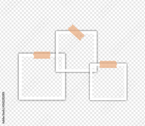 Photo frames with tape on transparent background, Digital snapshot image. Template or mockup for design