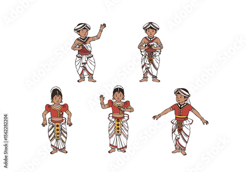 Handdrawn Traditional Sri Lankan Dancer Character Set Illustration with Various Poses