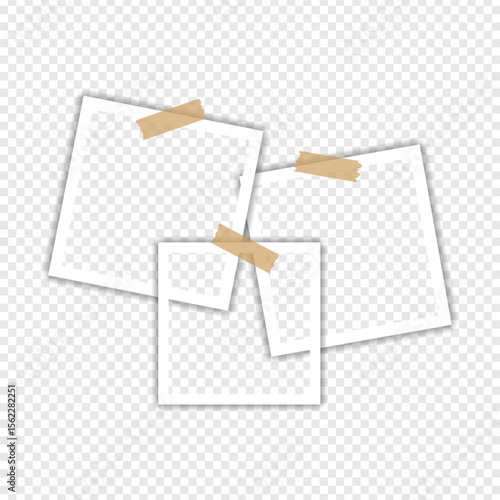Photo frames with tape on transparent background, Digital snapshot image. Template or mockup for design