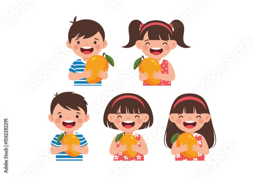 Wallpaper Mural Cheerful Flat Illustration of Happy Children Holding Delicious Mango Fruit Torontodigital.ca