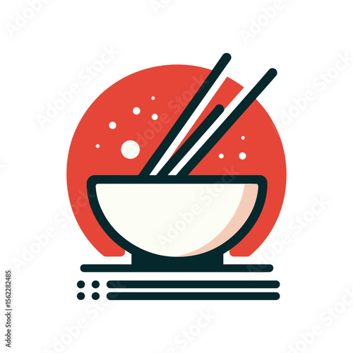A minimalist illustration of a bowl of noodles with chopsticks against a vibrant red background