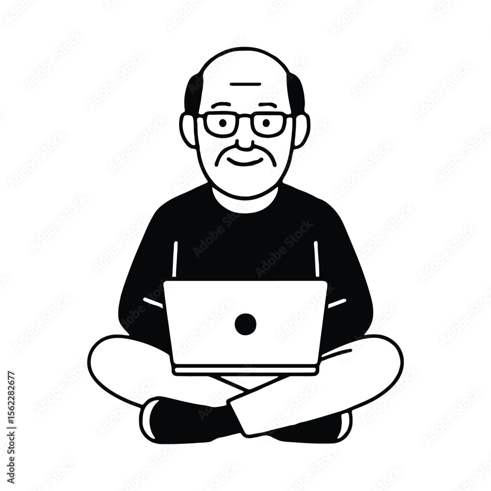 Calm elderly person in glasses using a laptop in seated pose with modern line style Calm elderly person in glasses using a laptop in seated pose with modern line style