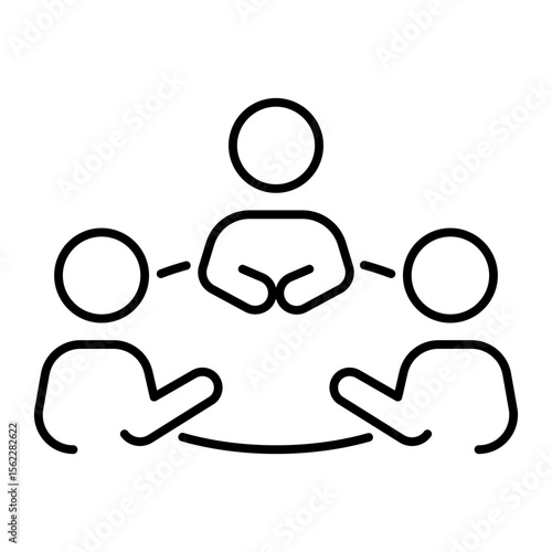 Meeting rounded table conference iconography illustration. Simple outline person activity icon.