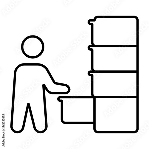 Person opens a cabinet shelf iconography illustration. Simple outline person activity icon.