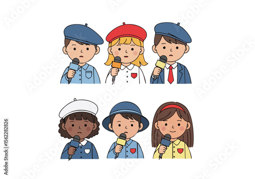 Cartoon Style Various Little Reporter Standing Holding Microphone Illustration