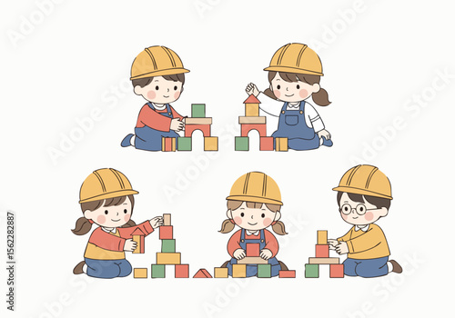 Cartoon Style Playing Building Blocks Child Group Illustration