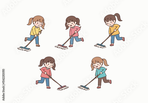 Cute Cartoon Style Little Girl Mopping Floor Housework Illustration