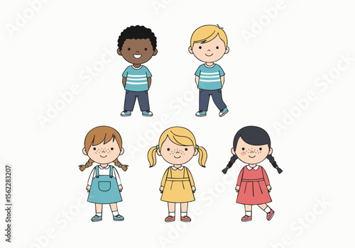 Cute Handdrawn Diverse Group of Children Standing Together Illustration