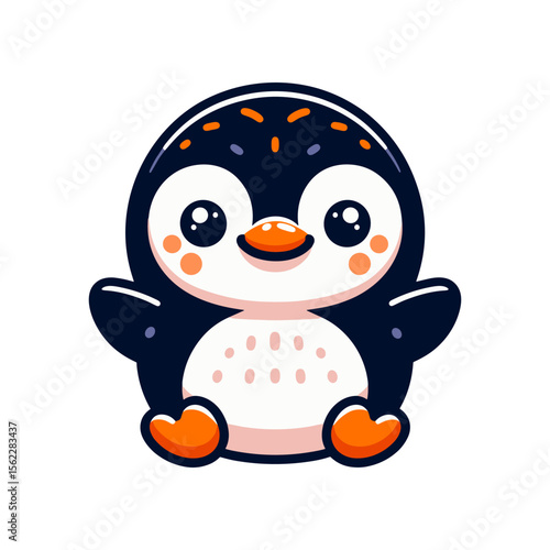 Cute cartoon penguin character with bright colors, smiling cheerfully, suitable for children's media