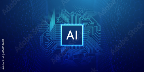Circuit AI tech background with chip and semiconductor board in abstract blue line design. Digital vector connect for futuristic computer or cloud system. Microchip pattern with light and data.