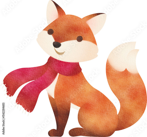 Watercolor cute fox with scarf illustration for Christmas decoration