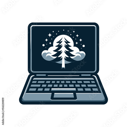A laptop displaying a stylized tree scene with clouds and stars, symbolizing nature and technology