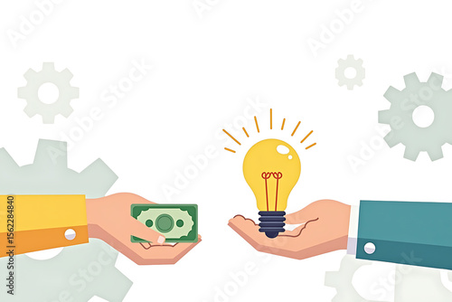 Hands exchanging money for a glowing light bulb representing business ideas and investment