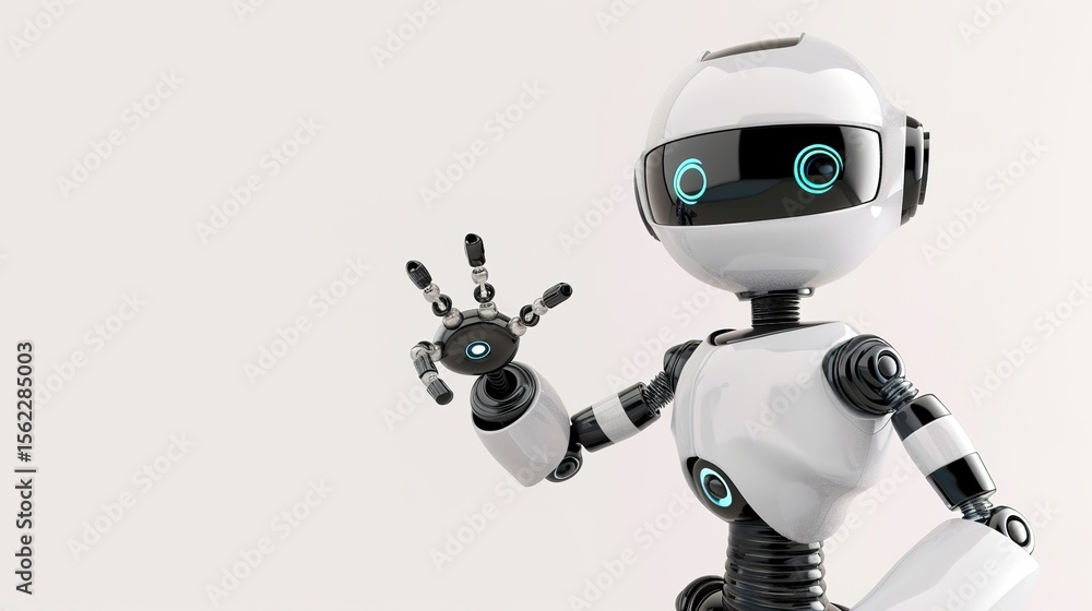 Fototapeta premium Techno-Tales: Futuristic White Background Robot Imagery – Sleek Metallic Exoskeletons, Neon Circuit Details, Expressive Digital Optics, and Dynamic Mechanical Poses in High-Contrast Shots for Sci-Fi I