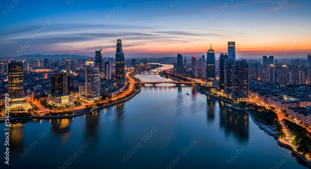 Obraz premium Panoramic cityscape at dusk with illuminated skyscrapers reflecting in a calm river against a twilight sky showcasing urban architecture
