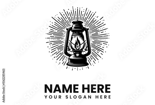 Vintage kerosene lantern logo design, radiating light, black and white illustration.