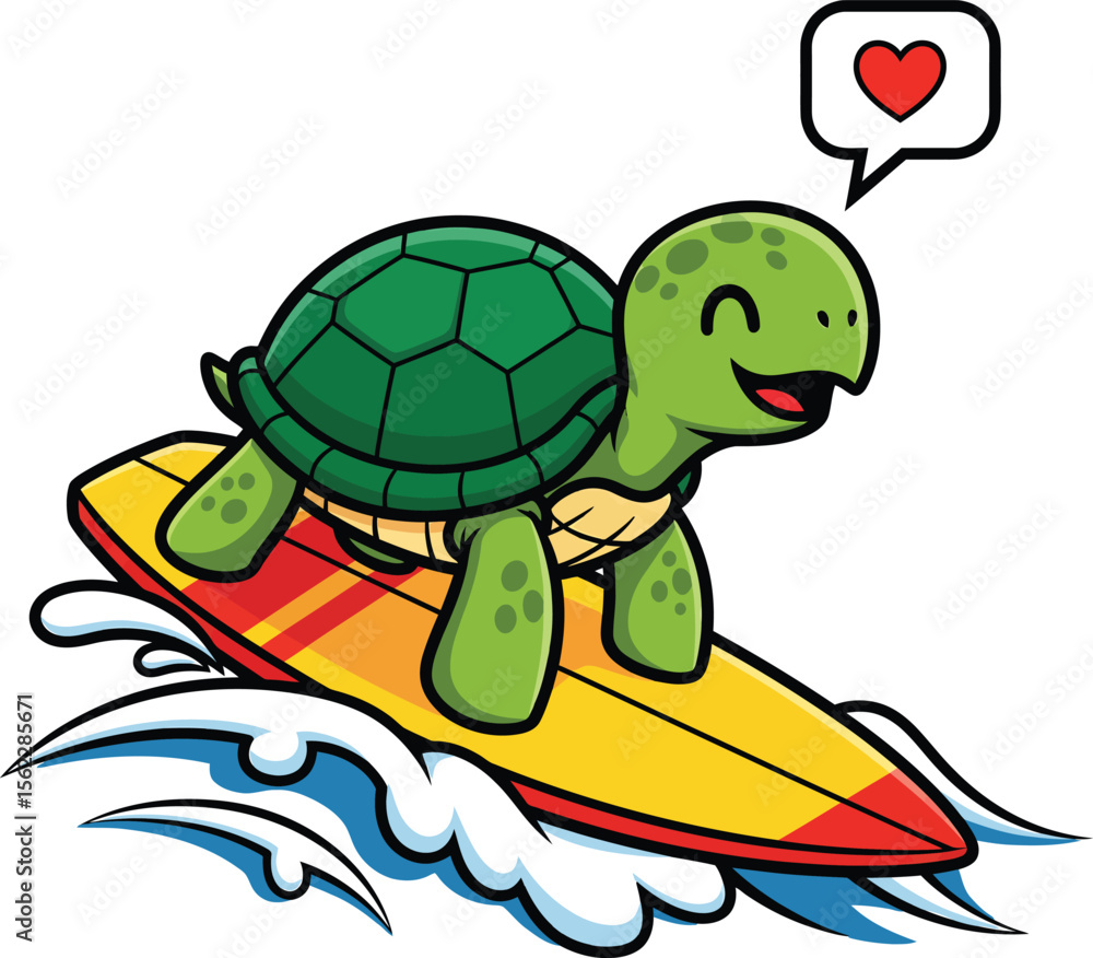 Naklejka premium Joyful cartoon turtle surfs a colorful surfboard on blue waves with a heart symbol vector illustration