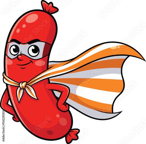 Cartoon sausage superhero with orange and white striped cape and mask vector illustration