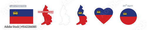 liechtensyein flag and map set. liechtensyein flag in official colors and proportions. independence day 24 april, map, circle and heart shaped liechtensyein 