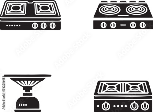 Gas Stove silhouette set vector illustration isolated On Transparent Background