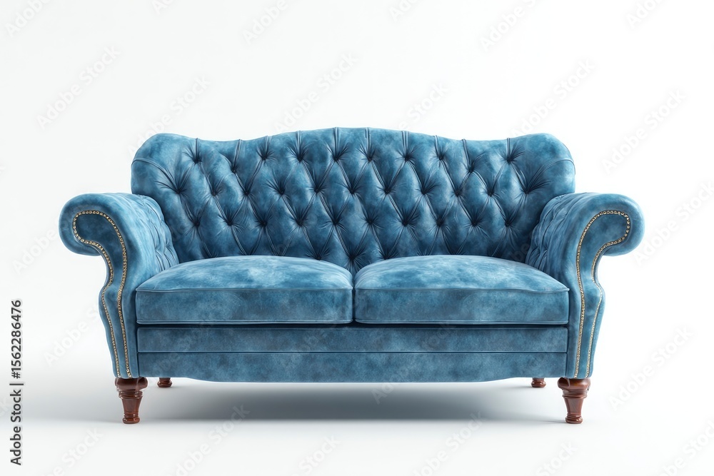A blue tufted couch with rolled arms brass tacks and dark wooden legs sits against a stark white backdrop A blue tufted couch with rolled arms brass tacks and dark wooden legs sits against a stark white backdrop
