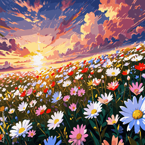 A vector of daisy flower field in summer sky