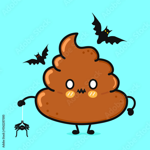 A cute cartoon poop character celebrates Halloween with bats and a spider.