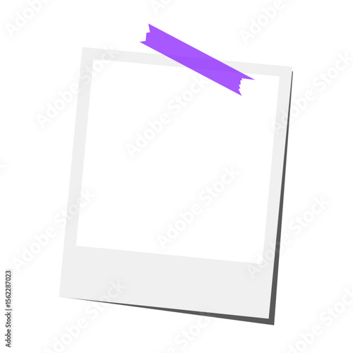 Blank Photo Frame with Purple Tape on Transparent Background. Blank Polaroid Photo Frame with Tape.