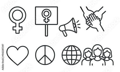 Feminist icon set – outline, equality and empowerment symbols for gender advocacy