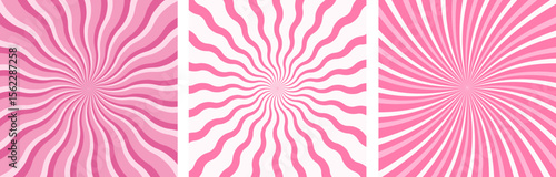 Candy color sunburst background set. Swirling wavy groovy radial ice cream banner collection. Swirl sweet pink and white candy print pattern. Vector illustration