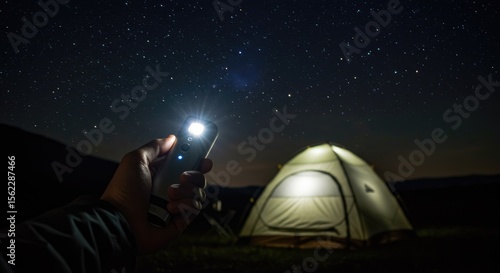 Person uses mobile phone as flashlight in camping tent at night