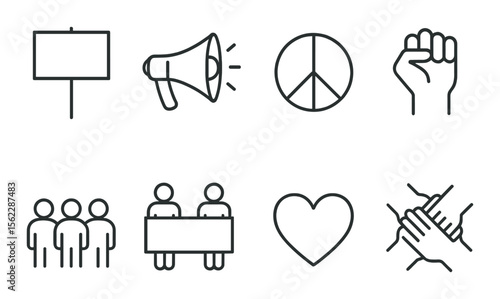 Youth activism icons set – outline, protest and social justice symbols for awareness