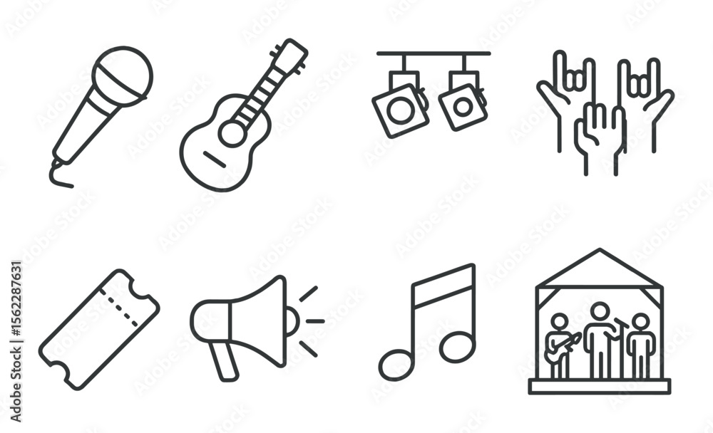 Concert silhouette icons set – music, event, and festival symbol collection Concert silhouette icons set – music, event, and festival symbol collection