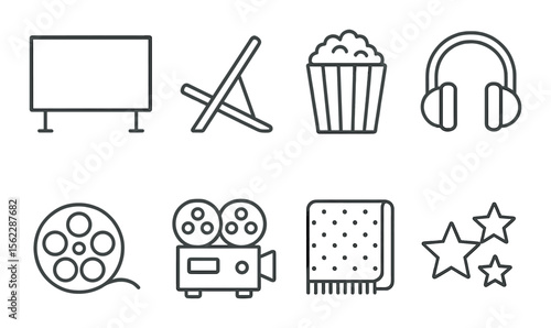 Open air cinema icons set – outline, outdoor movie symbols and entertainment graphics