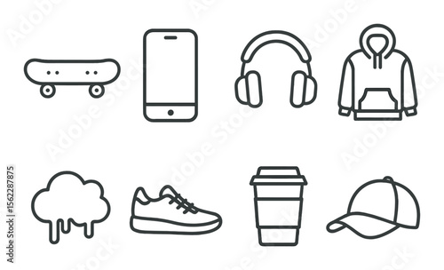 Youth culture icons set – outline, modern style symbols for lifestyle and trends