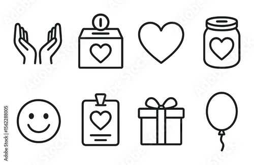 Charity and giving icons set – outline, donation and volunteer symbols collection