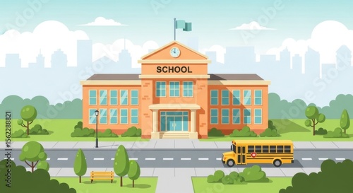 A yellow school bus drives past a brick school building in a suburban neighborhood with trees and clouds