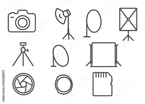 Photography studio line icons set – minimal camera and lighting symbol pack