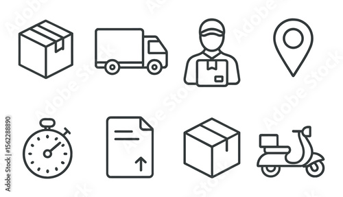 Delivery services icons set – outline, shipping and logistics symbols for business