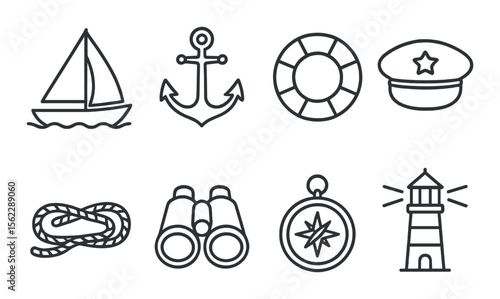 Nautical icons set – linear, maritime symbols and sailor theme graphics