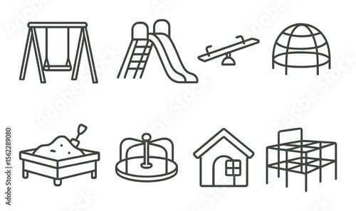 Children's playground outline icons set – simple, play equipment and recreation symbols