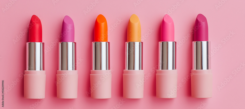 Obraz premium Lipsticks in vibrant shades arranged on a pink background.