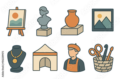 Art fair icons set – outline, exhibition and creative festival symbols collection