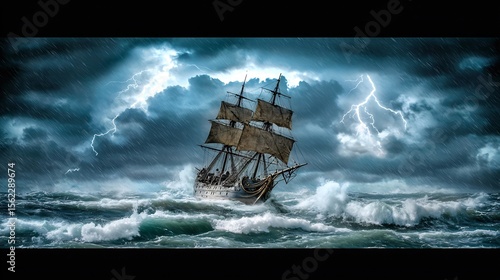 Old pirate ship sailing across a turbulent ocean with thunder in the sky cinematic high seas adventure