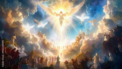 Jesus christ returning to earth with angels and multitudes rejoicing.