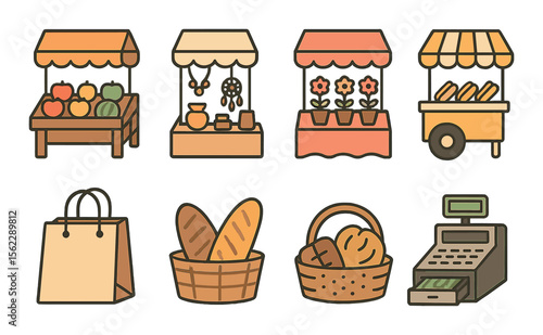 Modern market icons set – outline, commerce and retail symbols for visual simplicity