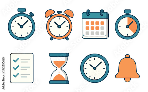 Time management icons set – line, efficient scheduling and organization symbols