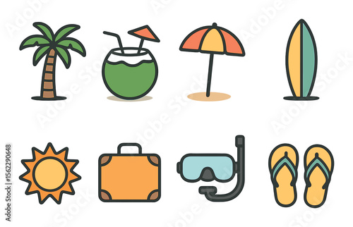 Tropical vacation icons set – line, holiday and travel symbols for fun planning